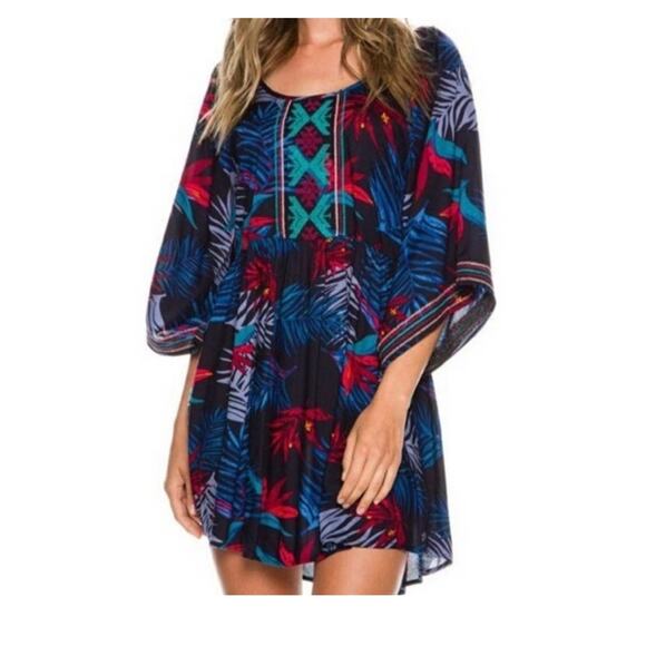 Roxy Mini Dress Size M Bird of Paradise Embroidered Babydoll Kimono Sleeves - Picture 1 of 14